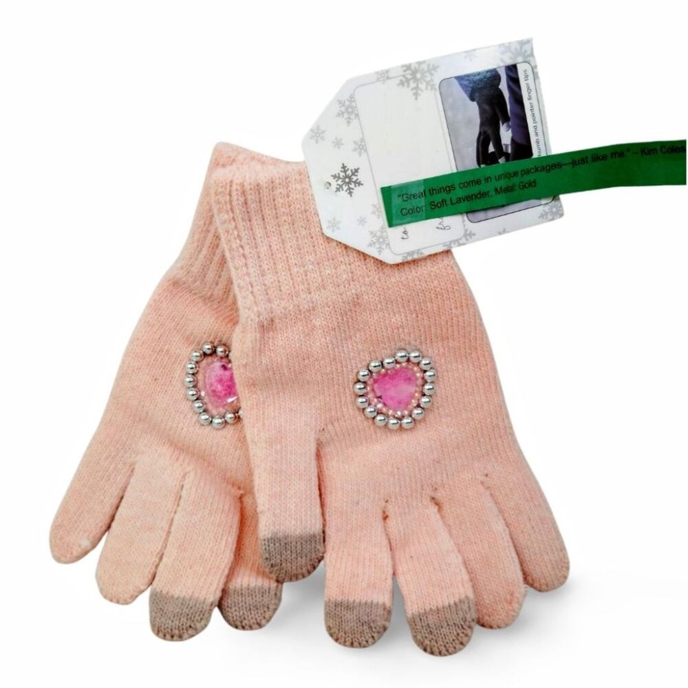 Custom Crystal Heart & Pearl Embellished Lt Pink Touchscreen Knit Gloves TT1518